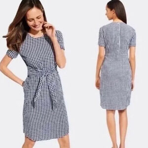 J.MCLAUGHLIN $198 Sadie Gingham Dress Size 6 Navy & White Linen Tie Waist